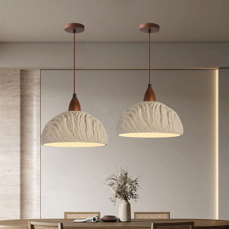 Contemporary Retro Cement Solid Wood Hemispheroid 1-Light Pendant Light For Dining Room