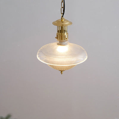 Contemporary Retro Brass Glass Ribbed Dome 1-Light Pendant Light For Dining Room