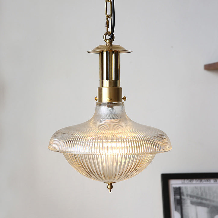 Contemporary Retro Brass Glass Ribbed Dome 1-Light Pendant Light For Dining Room