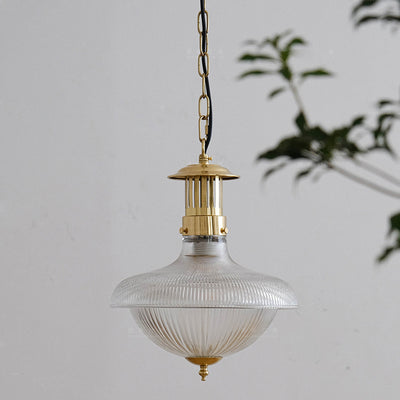 Contemporary Retro Brass Glass Ribbed Dome 1-Light Pendant Light For Dining Room