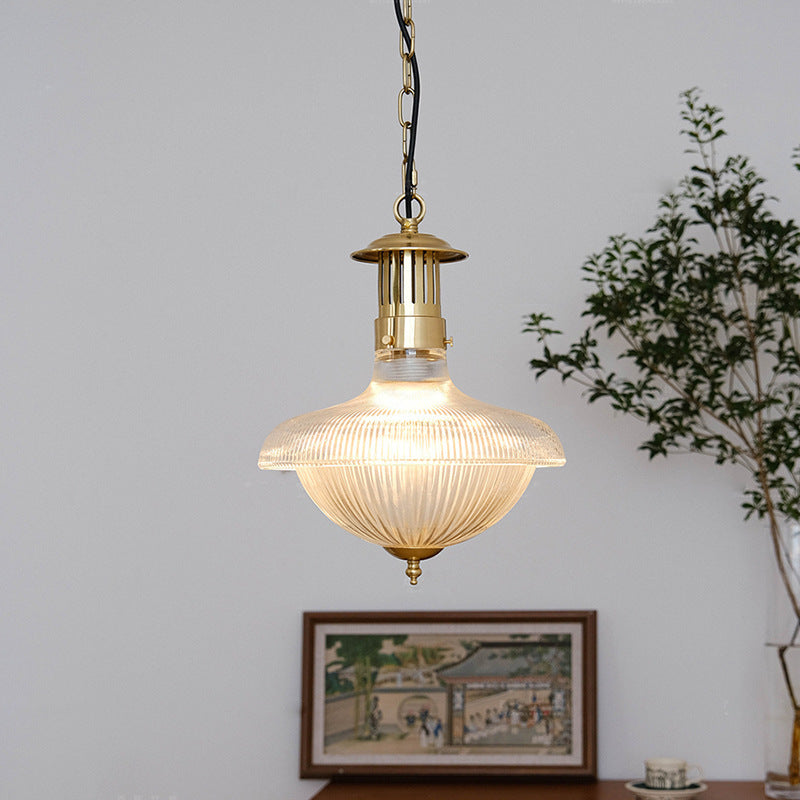 Contemporary Retro Brass Glass Ribbed Dome 1-Light Pendant Light For Dining Room