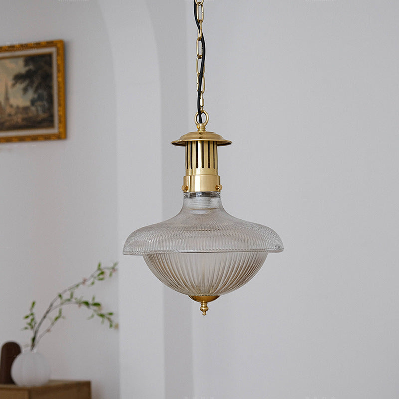 Contemporary Retro Brass Glass Ribbed Dome 1-Light Pendant Light For Dining Room