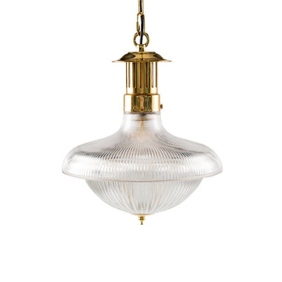 Contemporary Retro Brass Glass Ribbed Dome 1-Light Pendant Light For Dining Room