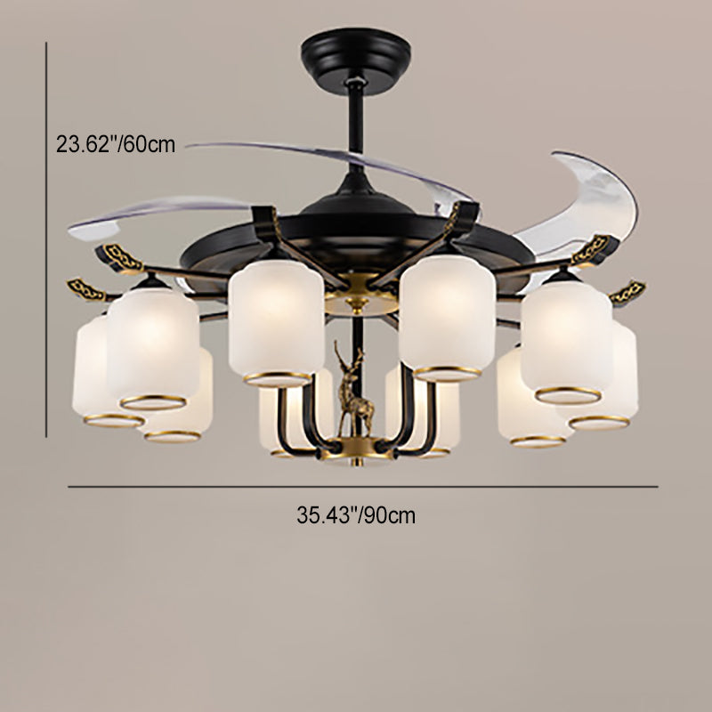 Traditional Chinese Iron Glass ABS Cylinder Deer 10-Light Downrods Ceiling Fan Light For Living Room