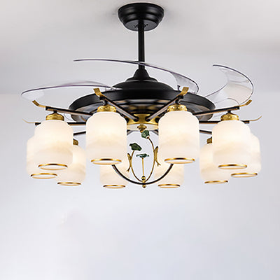 Traditional Chinese Iron Glass ABS Cylinder Deer 10-Light Downrods Ceiling Fan Light For Living Room