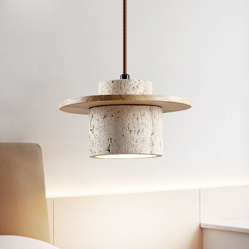 Traditional Japanese Travertine Solid Wood Cylinder Frisbee 1-Light Pendant Light For Bedside