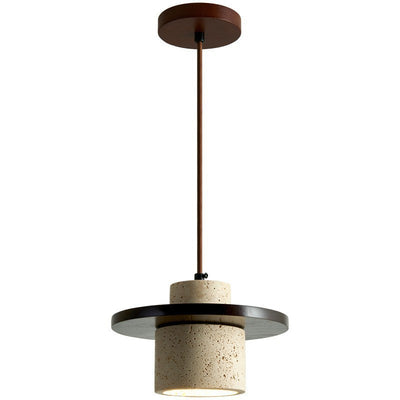 Traditional Japanese Travertine Solid Wood Cylinder Frisbee 1-Light Pendant Light For Bedside