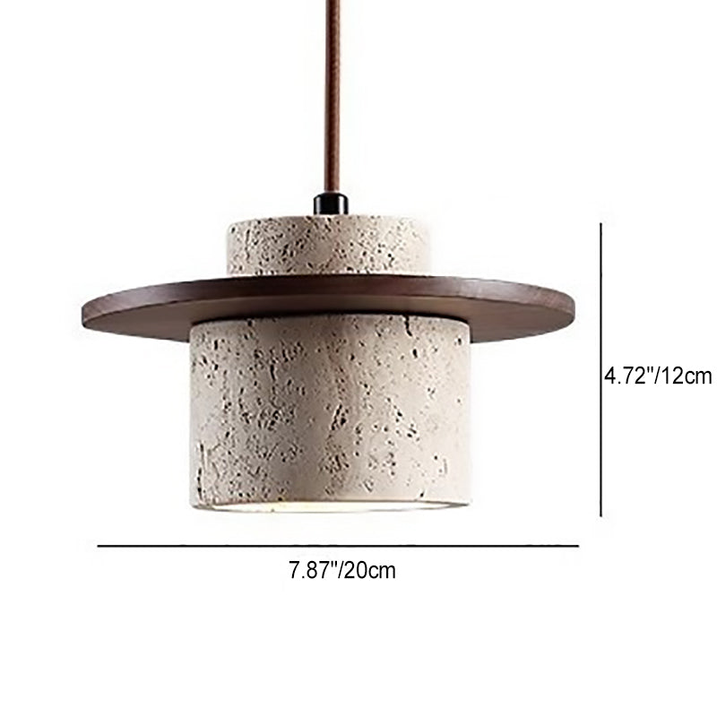 Traditional Japanese Travertine Solid Wood Cylinder Frisbee 1-Light Pendant Light For Bedside