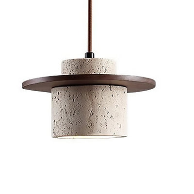 Traditional Japanese Travertine Solid Wood Cylinder Frisbee 1-Light Pendant Light For Bedside