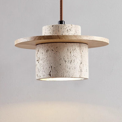 Traditional Japanese Travertine Solid Wood Cylinder Frisbee 1-Light Pendant Light For Bedside