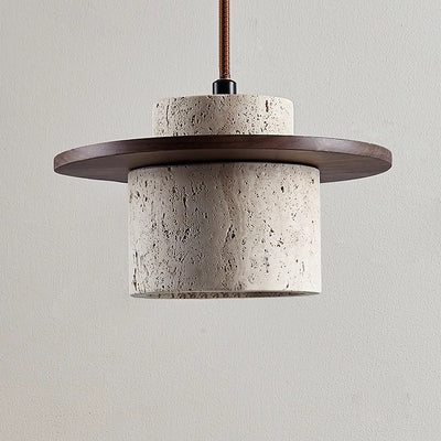 Traditional Japanese Travertine Solid Wood Cylinder Frisbee 1-Light Pendant Light For Bedside