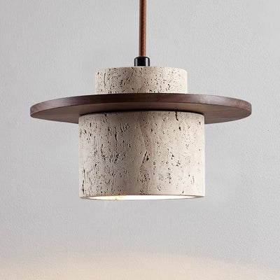 Traditional Japanese Travertine Solid Wood Cylinder Frisbee 1-Light Pendant Light For Bedside