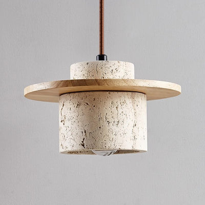 Traditional Japanese Travertine Solid Wood Cylinder Frisbee 1-Light Pendant Light For Bedside