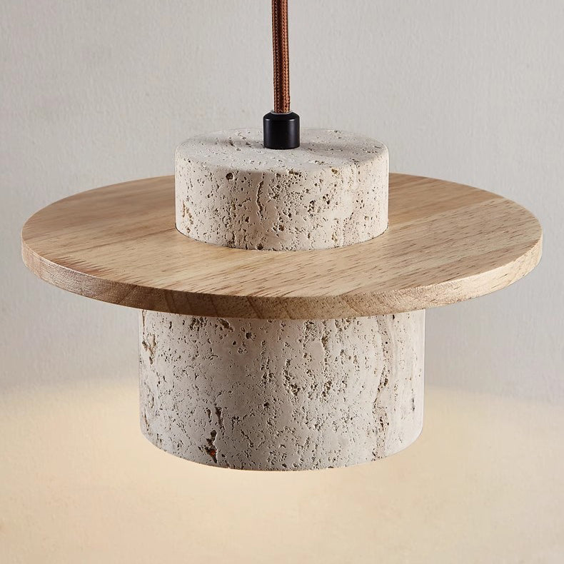 Traditional Japanese Travertine Solid Wood Cylinder Frisbee 1-Light Pendant Light For Bedside