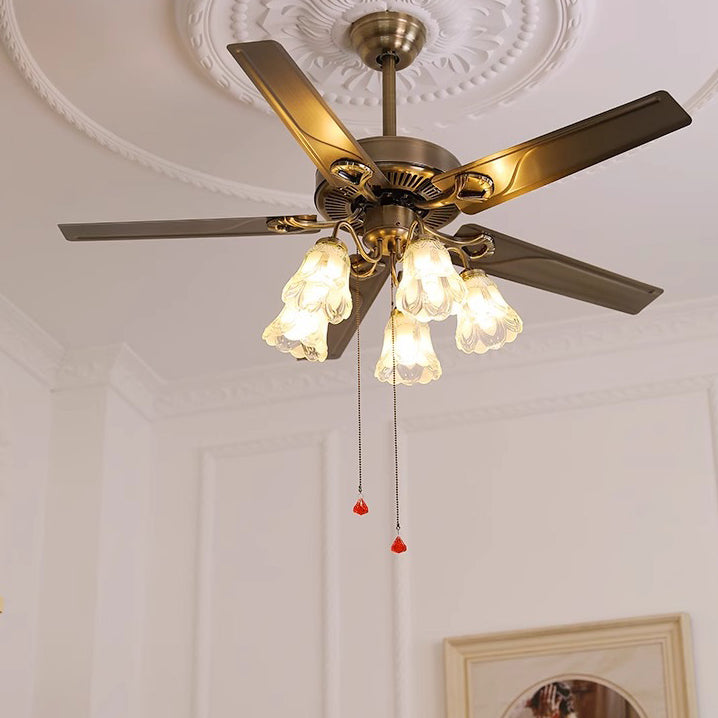 Contemporary Retro Glass Wood Iron Round Floral 2/5 Light Downrods Ceiling Fan Light For Living Room