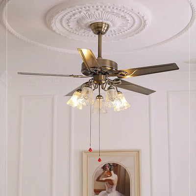 Contemporary Retro Glass Wood Iron Round Floral 2/5 Light Downrods Ceiling Fan Light For Living Room