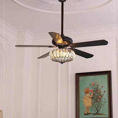 Contemporary Retro Glass Wood Iron Round Floral 2/5 Light Downrods Ceiling Fan Light For Living Room