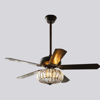 Contemporary Retro Glass Wood Iron Round Floral 2/5 Light Downrods Ceiling Fan Light For Living Room