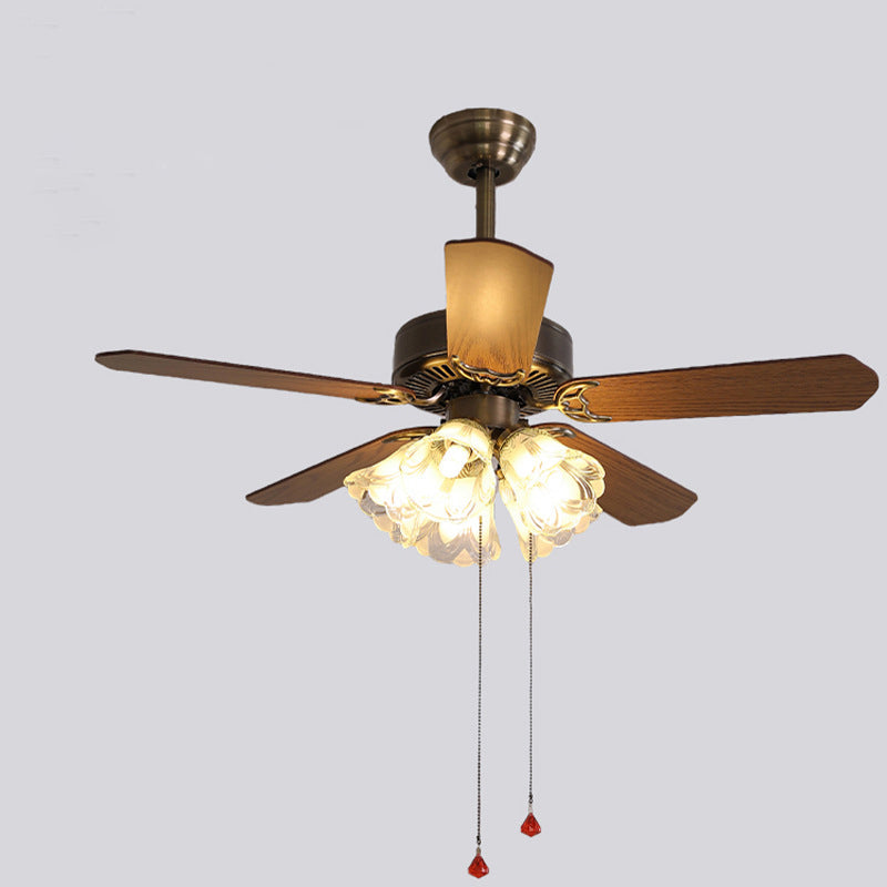 Contemporary Retro Glass Wood Iron Round Floral 2/5 Light Downrods Ceiling Fan Light For Living Room