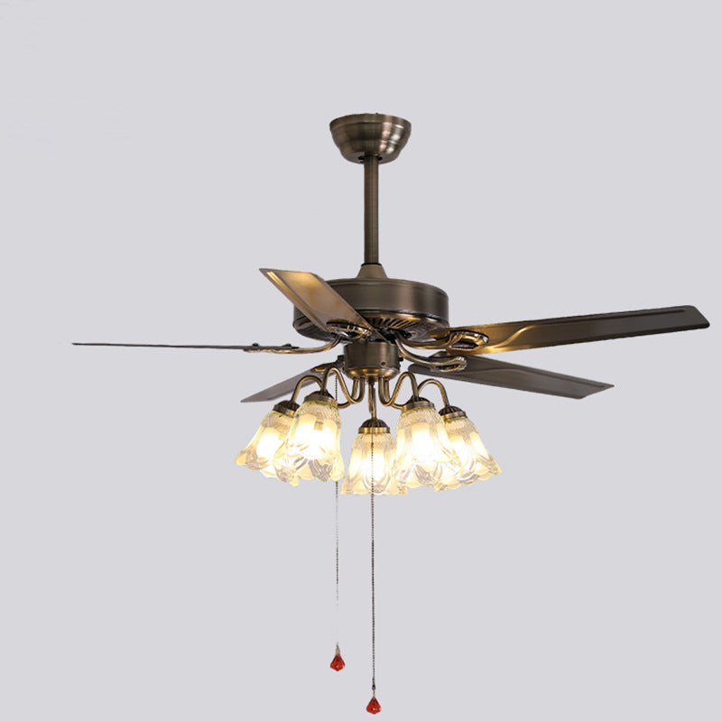 Contemporary Retro Glass Wood Iron Round Floral 2/5 Light Downrods Ceiling Fan Light For Living Room