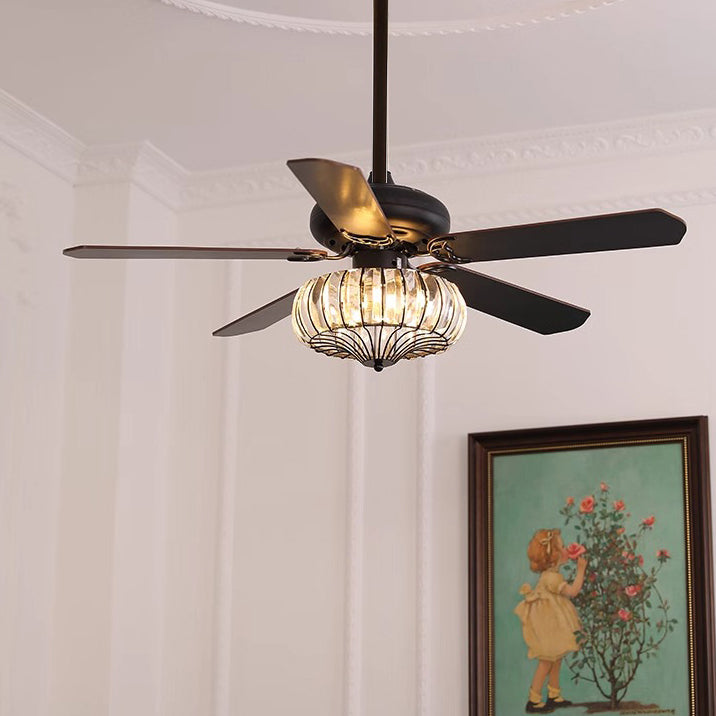 Contemporary Retro Glass Wood Iron Round Floral 2/5 Light Downrods Ceiling Fan Light For Living Room