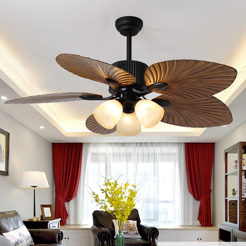 Contemporary Retro Alloy ABS Copper Glass Bell Palm-Leaf 3/5 Light Downrods Ceiling Fan Light For Living Room