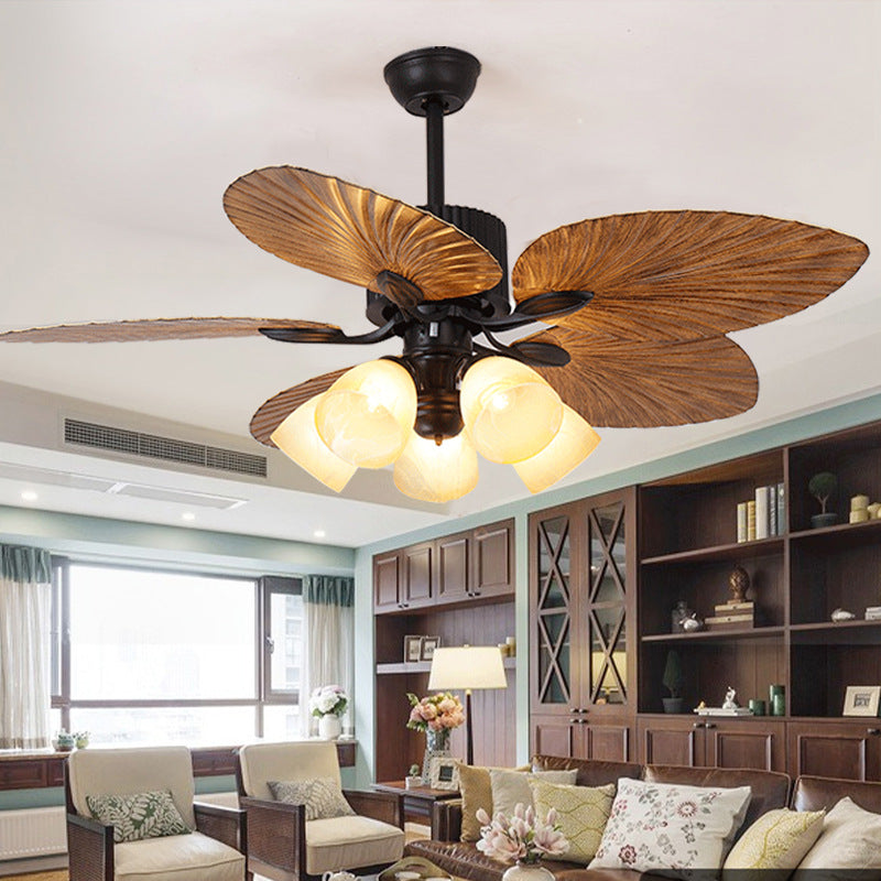 Contemporary Retro Alloy ABS Copper Glass Bell Palm-Leaf 3/5 Light Downrods Ceiling Fan Light For Living Room