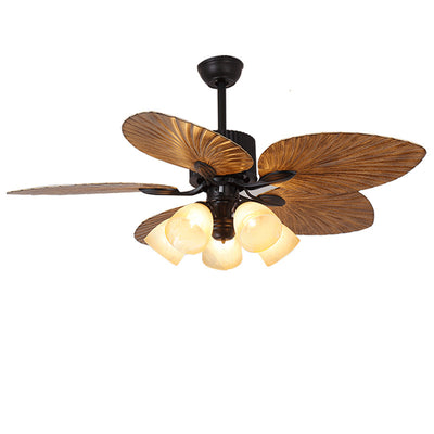 Contemporary Retro Alloy ABS Copper Glass Bell Palm-Leaf 3/5 Light Downrods Ceiling Fan Light For Living Room