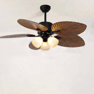 Contemporary Retro Alloy ABS Copper Glass Bell Palm-Leaf 3/5 Light Downrods Ceiling Fan Light For Living Room