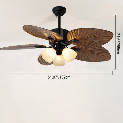 Contemporary Retro Alloy ABS Copper Glass Bell Palm-Leaf 3/5 Light Downrods Ceiling Fan Light For Living Room