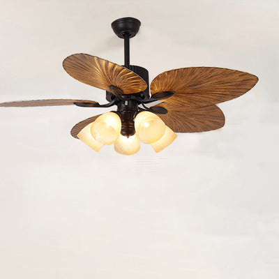 Contemporary Retro Alloy ABS Copper Glass Bell Palm-Leaf 3/5 Light Downrods Ceiling Fan Light For Living Room