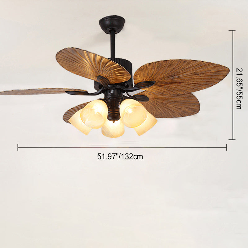 Contemporary Retro Alloy ABS Copper Glass Bell Palm-Leaf 3/5 Light Downrods Ceiling Fan Light For Living Room