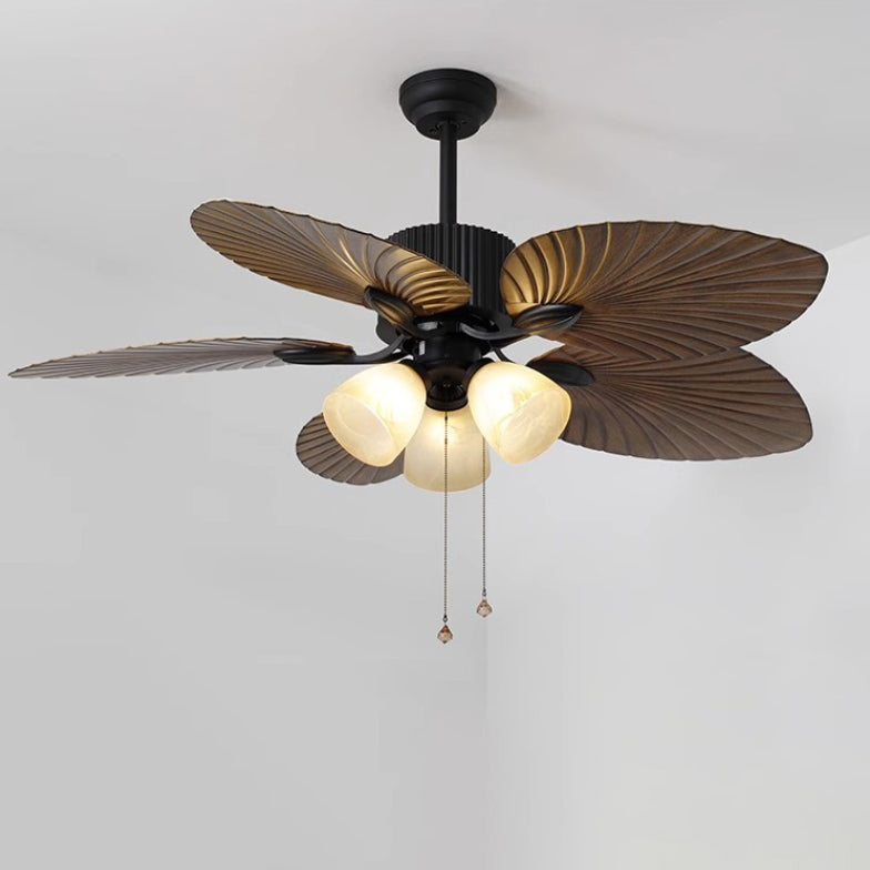 Contemporary Retro Alloy ABS Copper Glass Bell Palm-Leaf 3/5 Light Downrods Ceiling Fan Light For Living Room