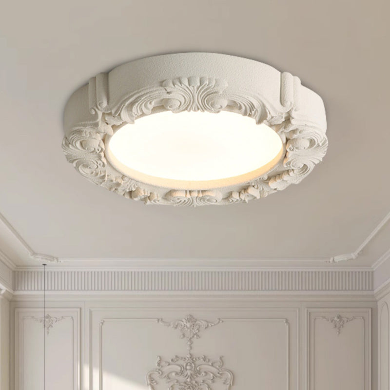 Traditional French Resin Acrylic Metal Round Relief Sculpture LED Flush Mount Ceiling Light For Bedroom