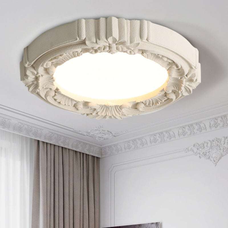 Traditional French Resin Acrylic Metal Round Relief Sculpture LED Flush Mount Ceiling Light For Bedroom