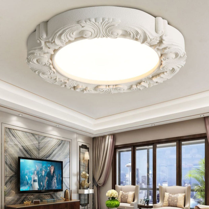 Traditional French Resin Acrylic Metal Round Relief Sculpture LED Flush Mount Ceiling Light For Bedroom