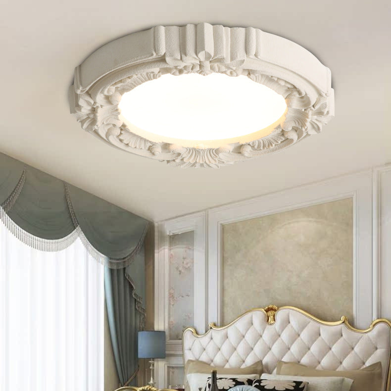 Traditional French Resin Acrylic Metal Round Relief Sculpture LED Flush Mount Ceiling Light For Bedroom