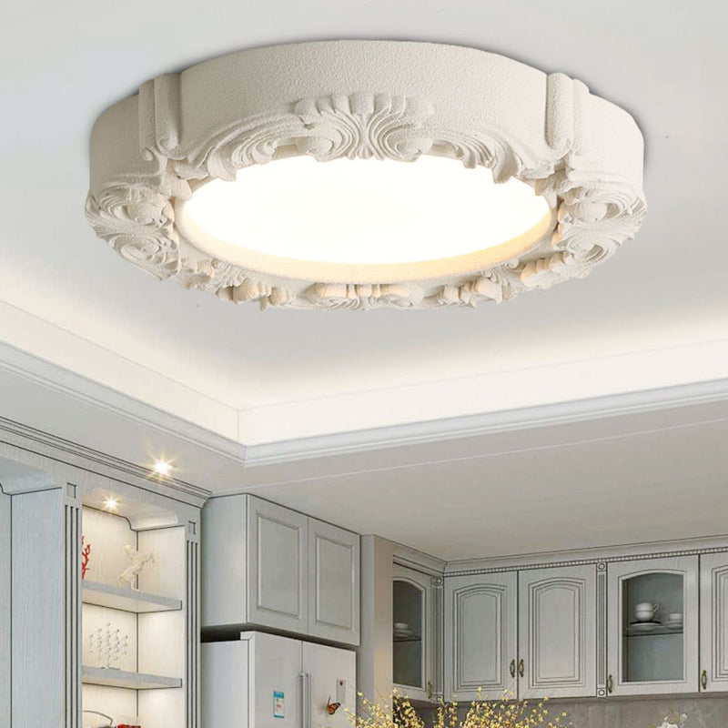 Traditional French Resin Acrylic Metal Round Relief Sculpture LED Flush Mount Ceiling Light For Bedroom