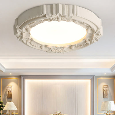 Traditional French Resin Acrylic Metal Round Relief Sculpture LED Flush Mount Ceiling Light For Bedroom