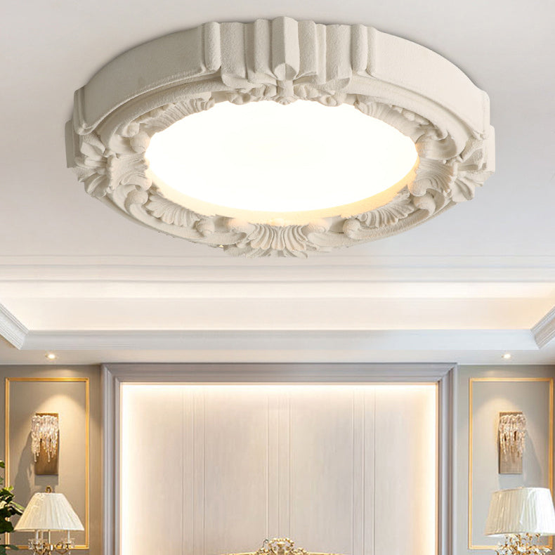 Traditional French Resin Acrylic Metal Round Relief Sculpture LED Flush Mount Ceiling Light For Bedroom