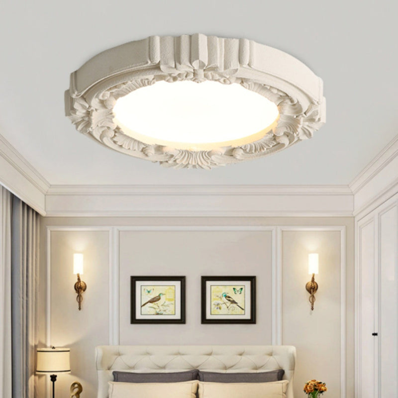 Traditional French Resin Acrylic Metal Round Relief Sculpture LED Flush Mount Ceiling Light For Bedroom