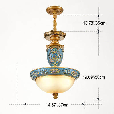 Traditional European Resin Iron Glass Column Round Carved 3-Light Chandeliers For Dining Room