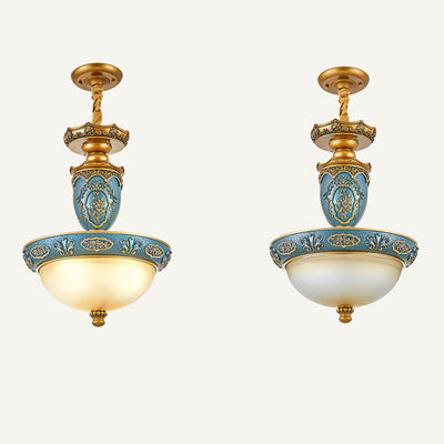 Traditional European Resin Iron Glass Column Round Carved 3-Light Chandeliers For Dining Room