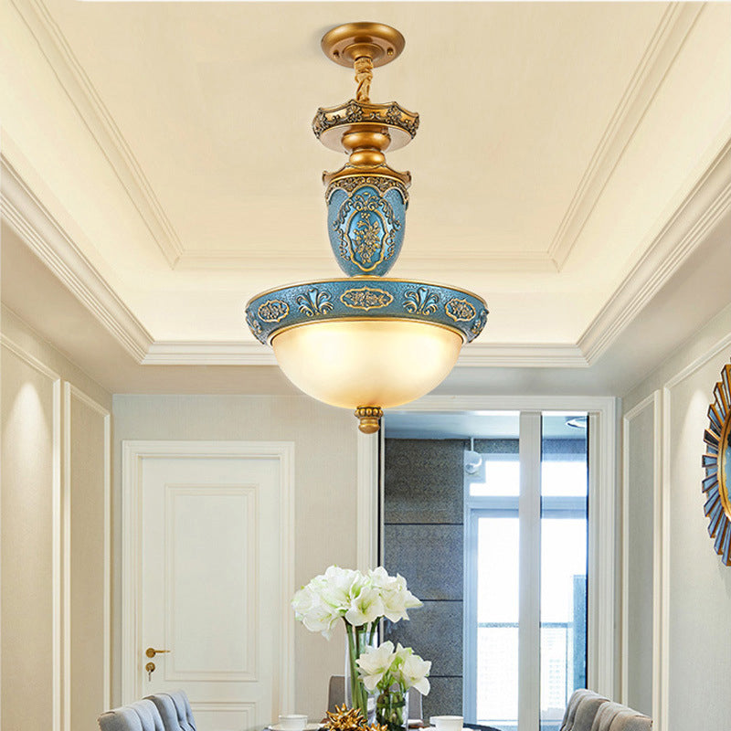 Traditional European Resin Iron Glass Column Round Carved 3-Light Chandeliers For Dining Room