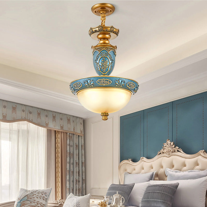 Traditional European Resin Iron Glass Column Round Carved 3-Light Chandeliers For Dining Room