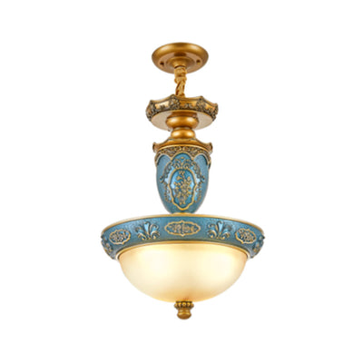 Traditional European Resin Iron Glass Column Round Carved 3-Light Chandeliers For Dining Room