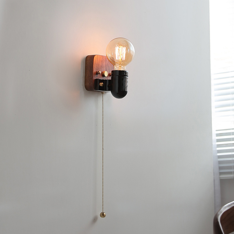 Contemporary Retro Ceramic Wood Bulb Zipper 1-Light Wall Sconce Lamp For Bedside