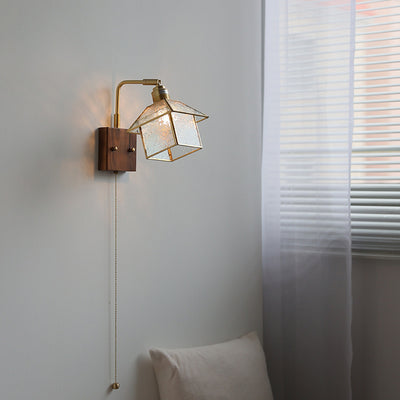 Contemporary Retro Wood Copper Glass Adjustable House Zipper 1-Light Wall Sconce Lamp For Bedside