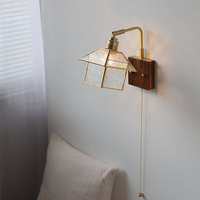 Contemporary Retro Wood Copper Glass Adjustable House Zipper 1-Light Wall Sconce Lamp For Bedside