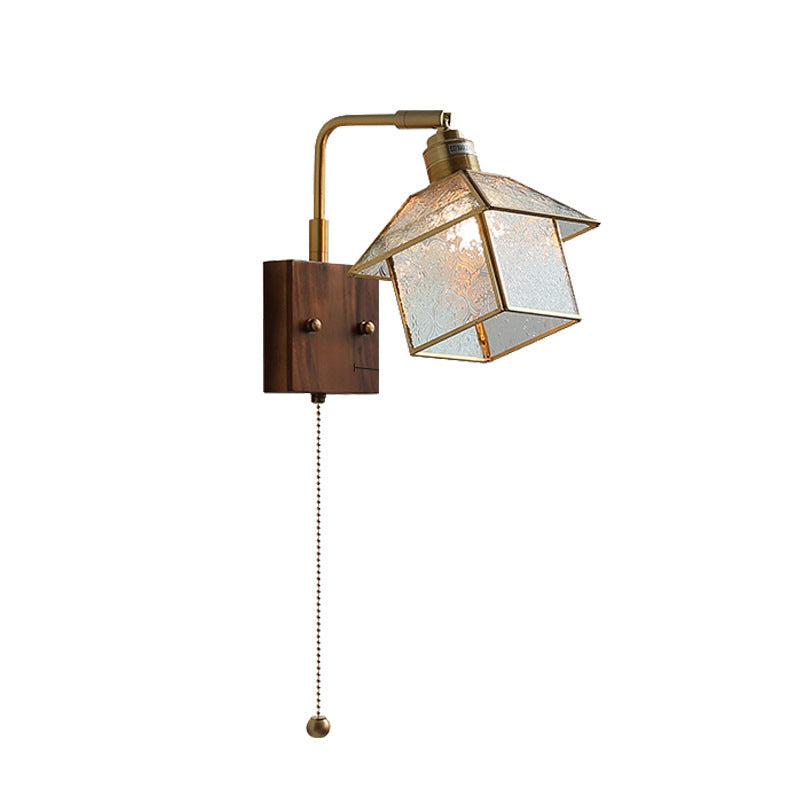 Contemporary Retro Wood Copper Glass Adjustable House Zipper 1-Light Wall Sconce Lamp For Bedside